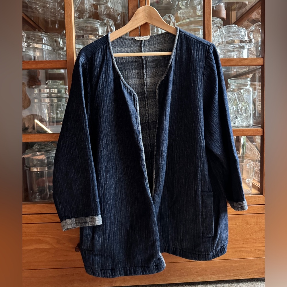 Eileen Fisher Indigo Woven Cotton Open Front Cardigan Jacket